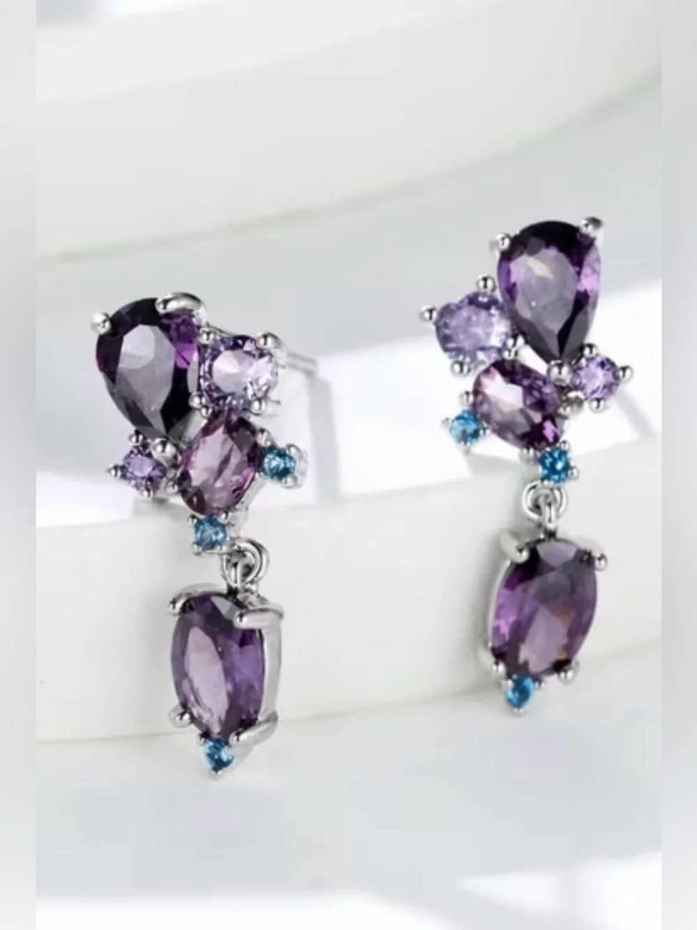 New! Purple CZ Drop Earrings - Sparkling Teardrop & Oval Design